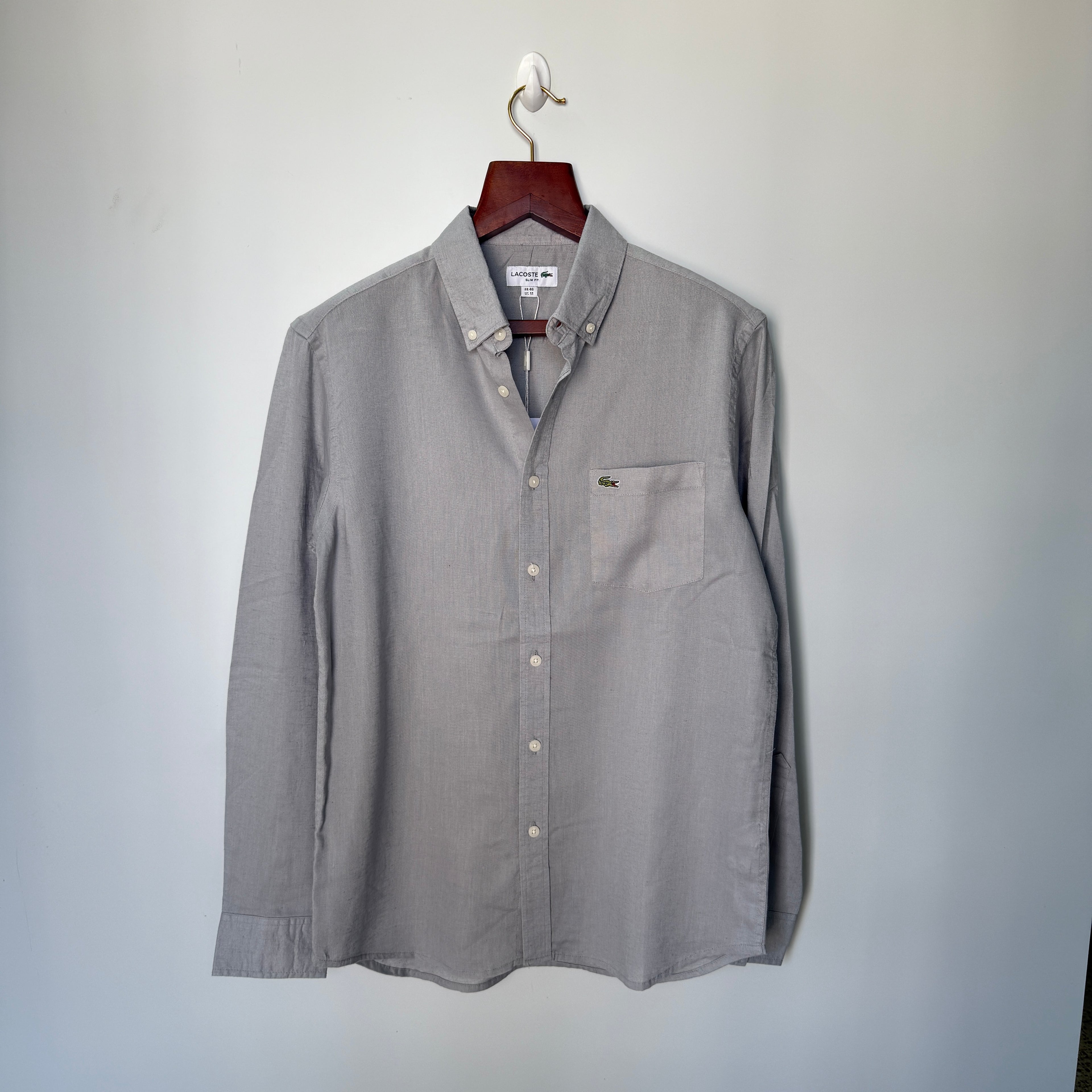 Lacoste light grey 100% linen solid shirt