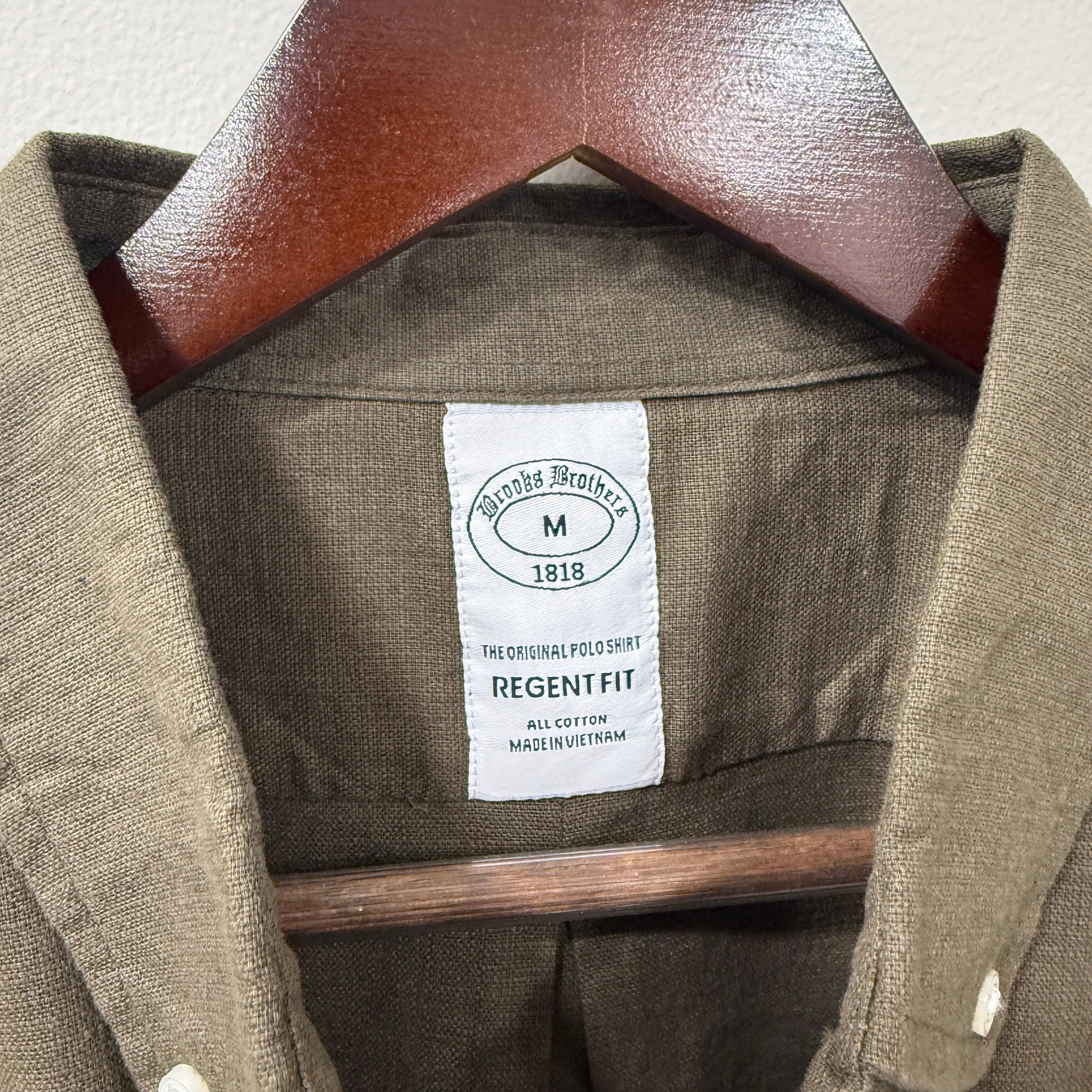 Brooks Brothers dark olive green button down solid shirt with logo