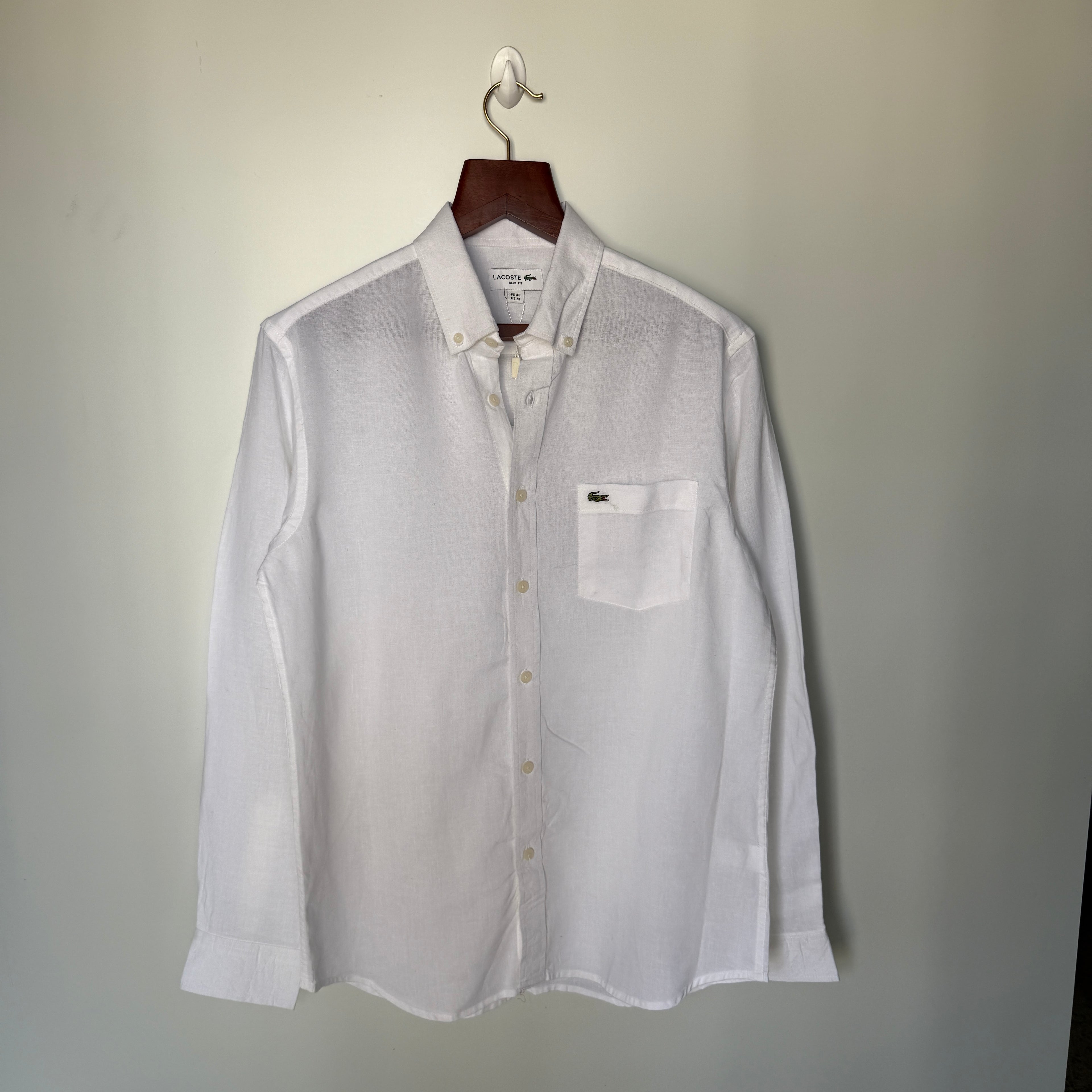 Lacoste 100% white linen solid shirt