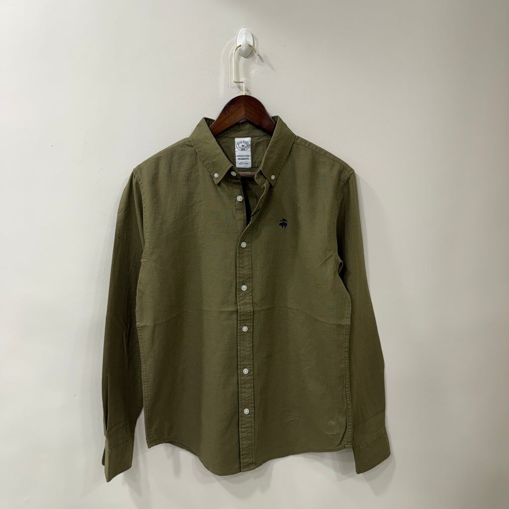 Brooks Brothers light olive green button down solid shirt with logo