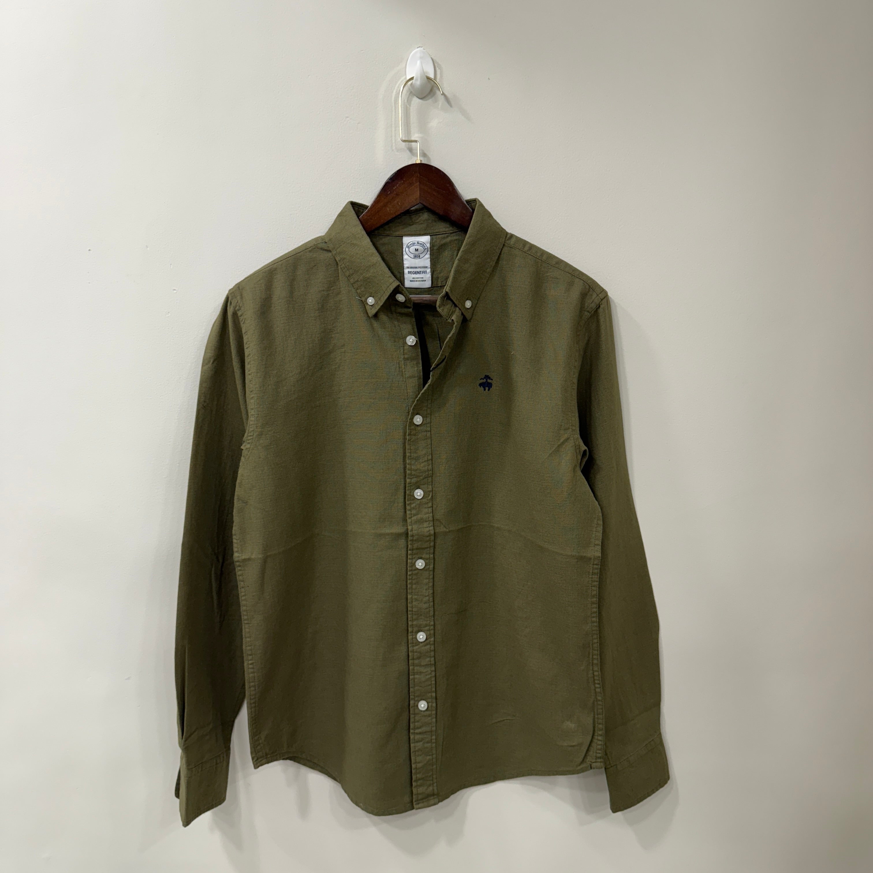 Brooks Brothers light olive green button down solid shirt with logo