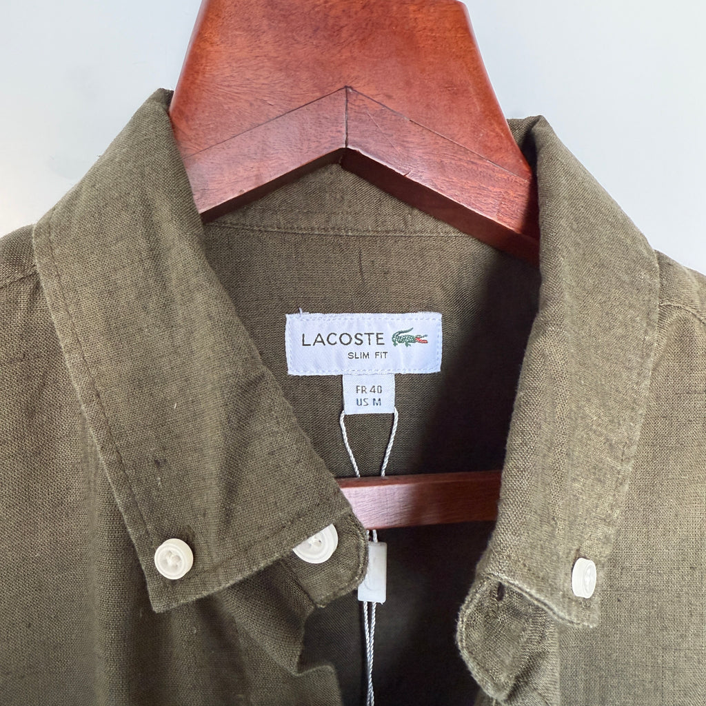 Lacoste 100% linen Olive Green solid shirt