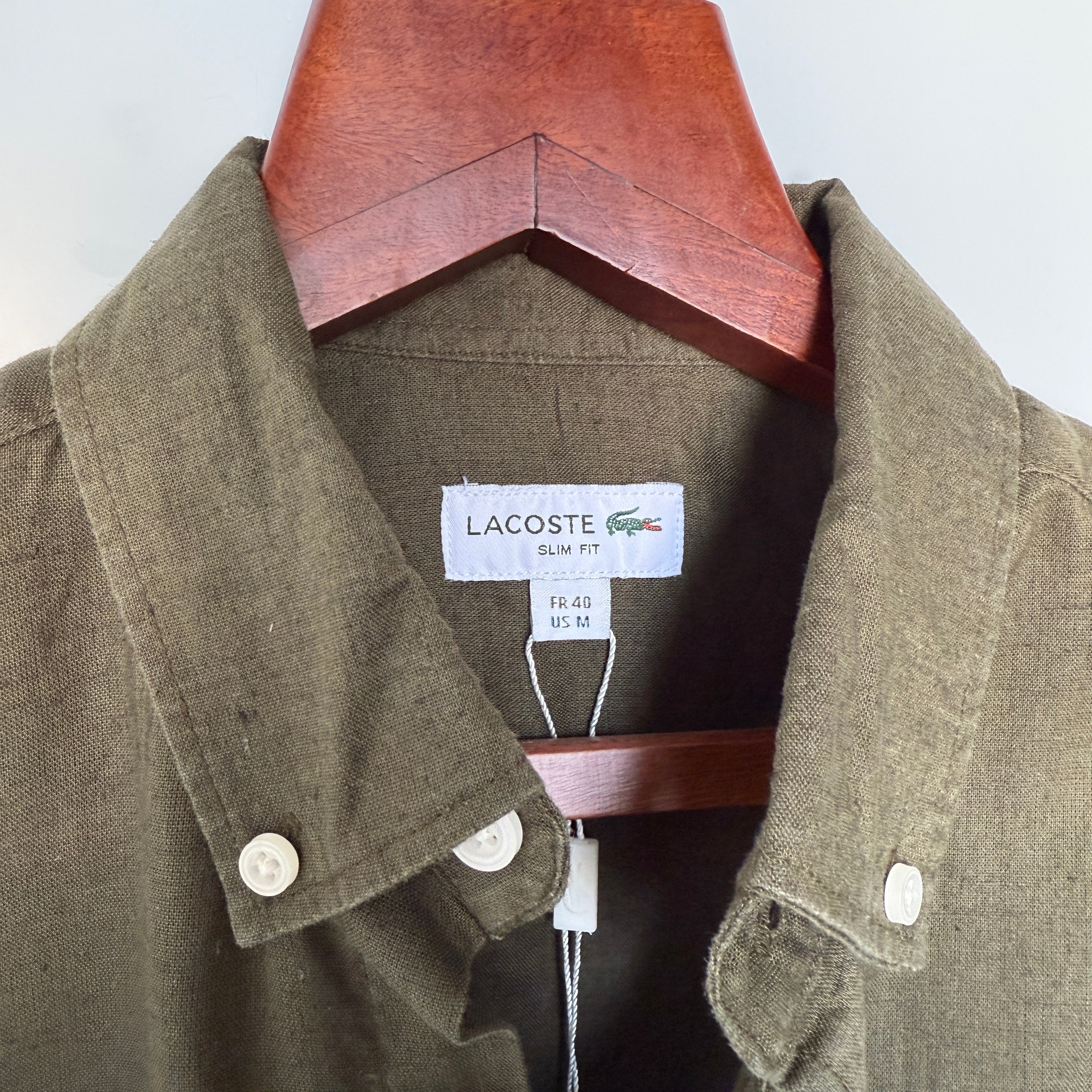Lacoste 100% linen Olive Green solid shirt