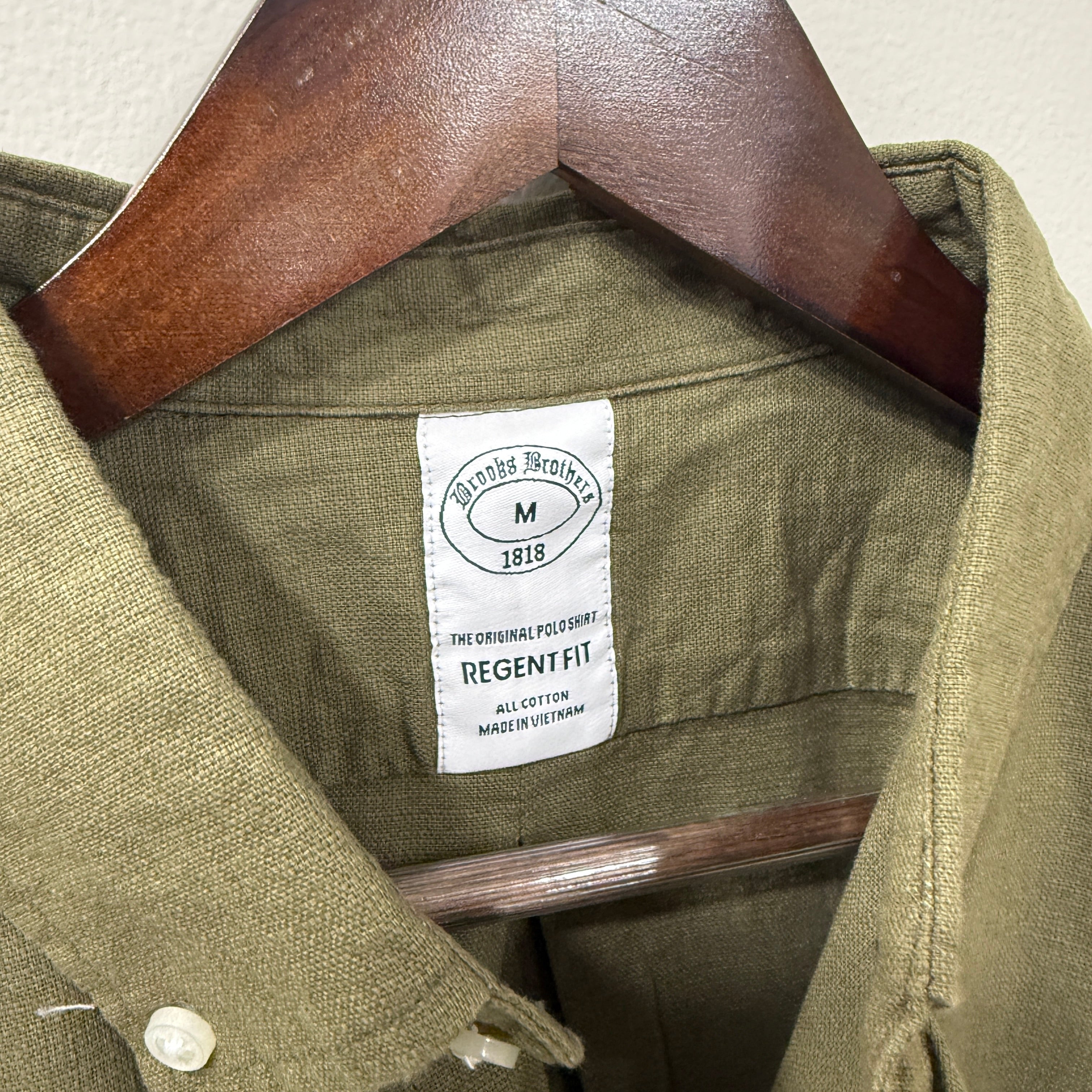 Brooks Brothers light olive green button down solid shirt with logo