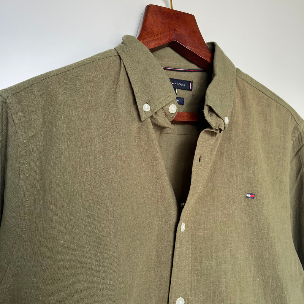 Tommy hilfiger olive green solid shirt