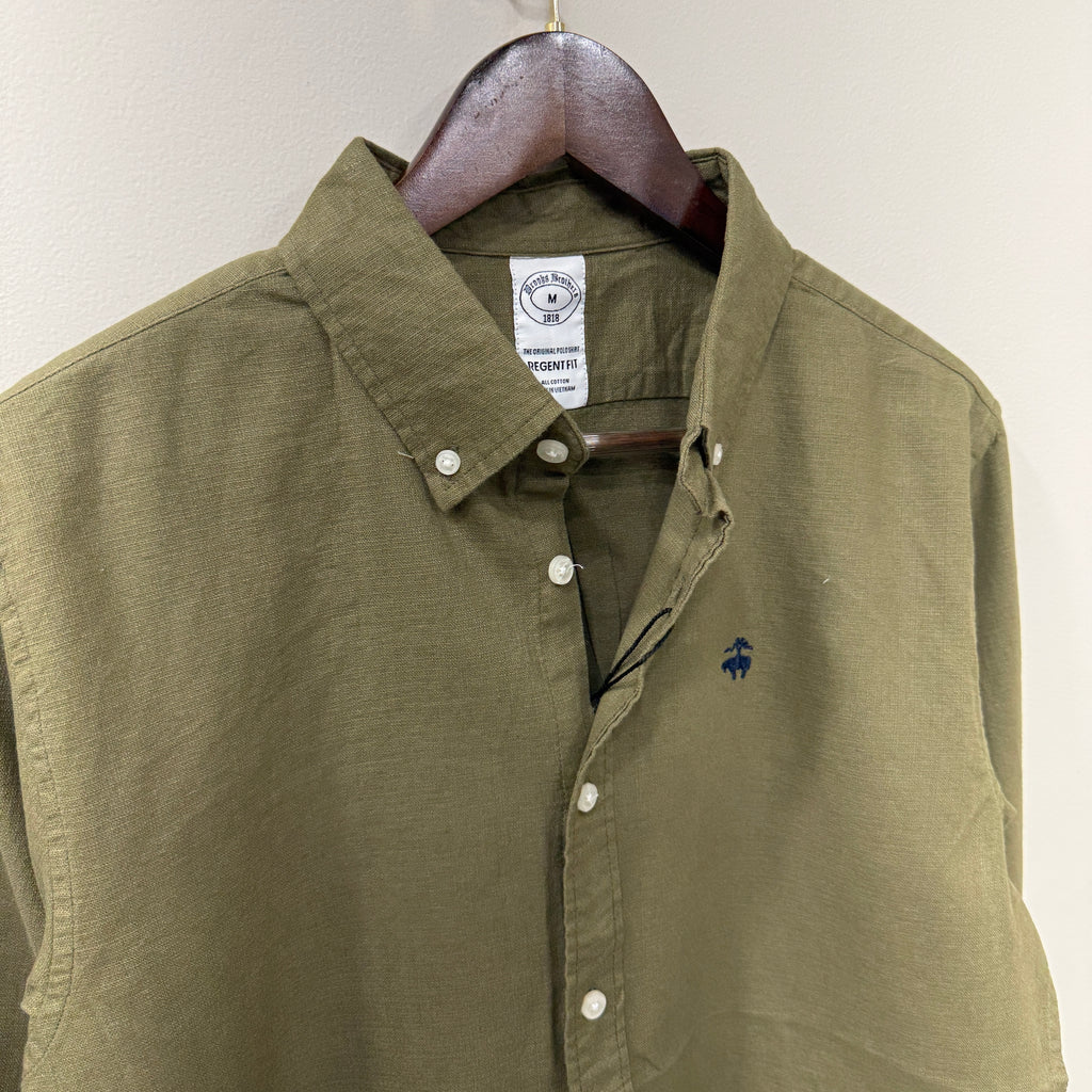 Brooks Brothers light olive green button down solid shirt with logo