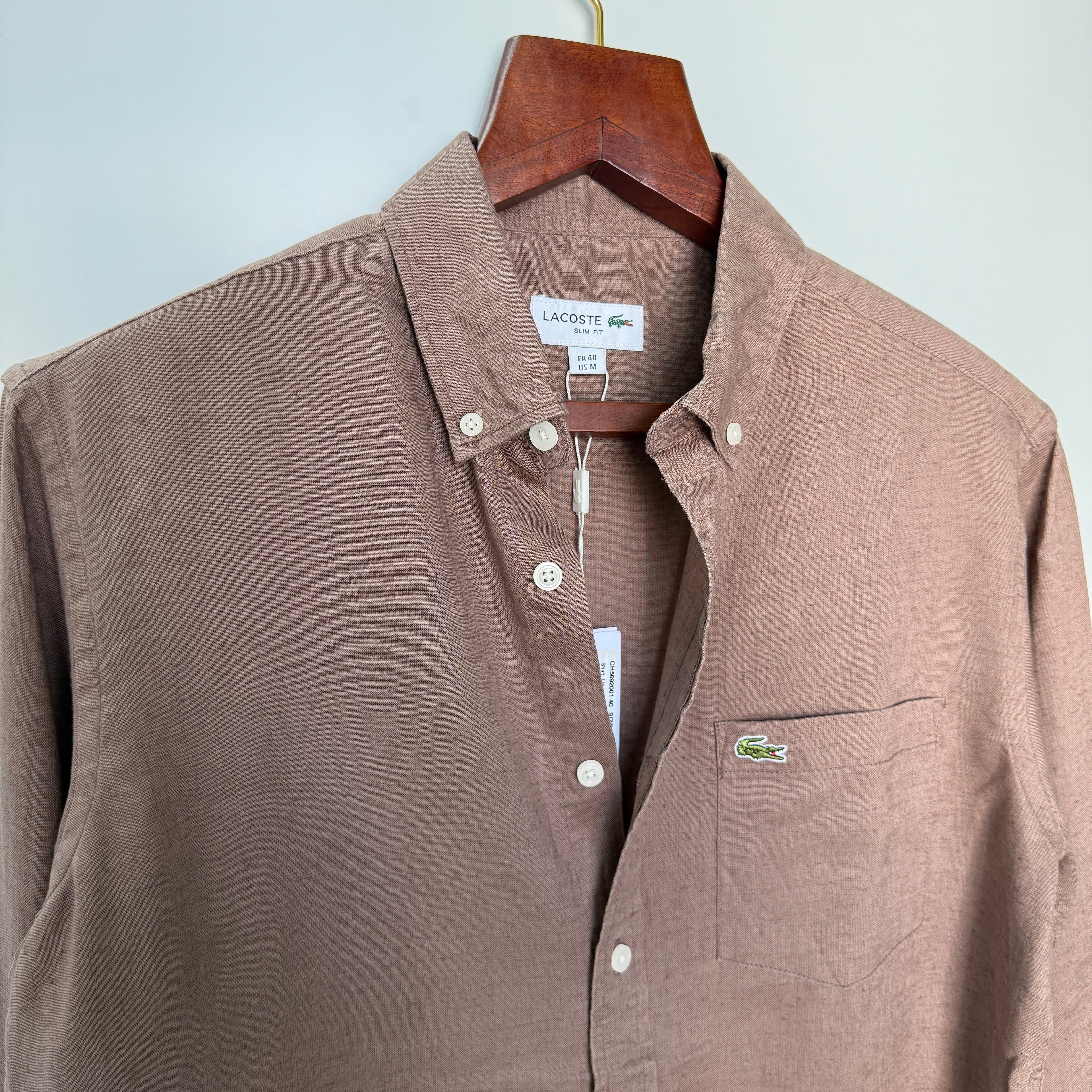Lacoste light brown 100% linen solid shirt