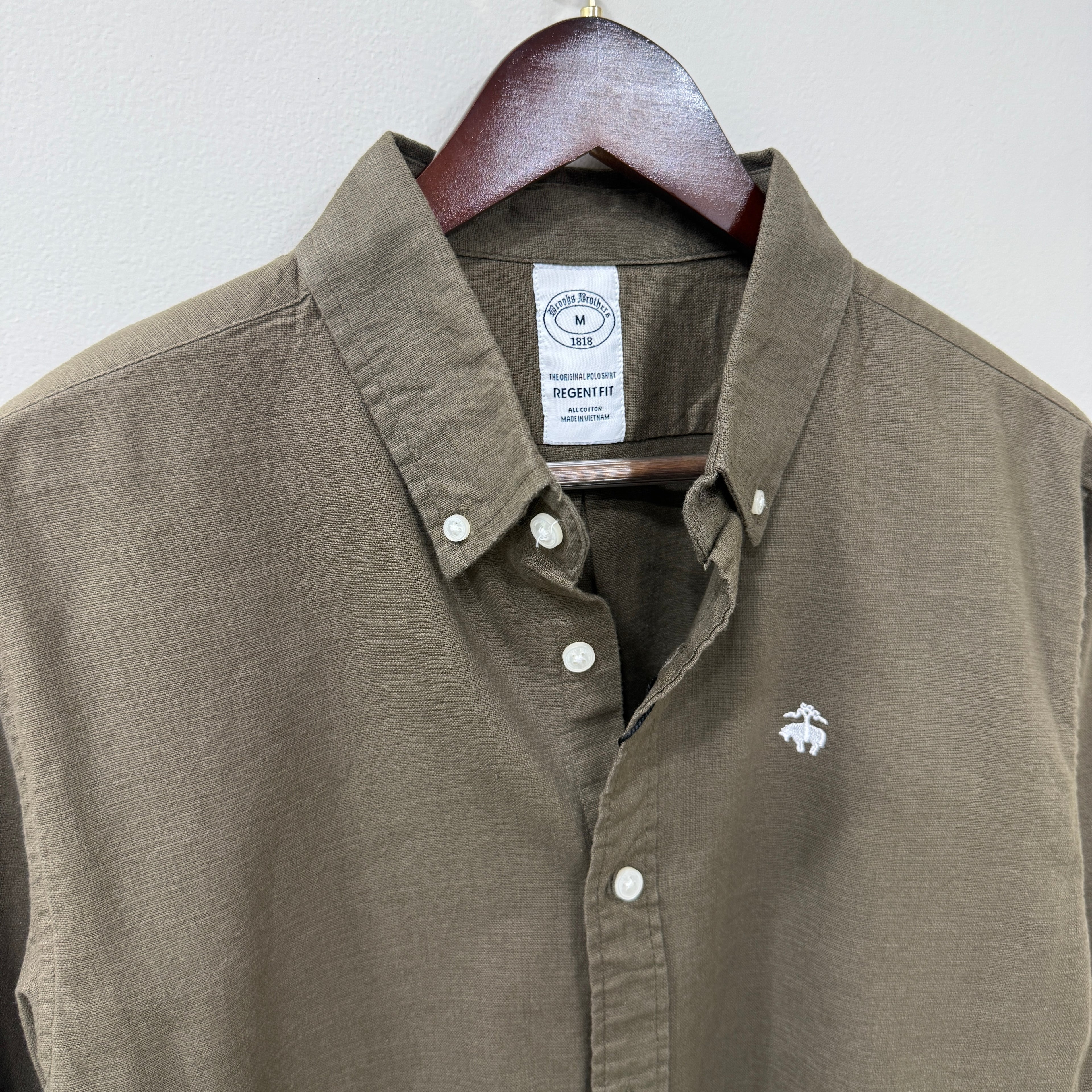 Brooks Brothers dark olive green button down solid shirt with logo