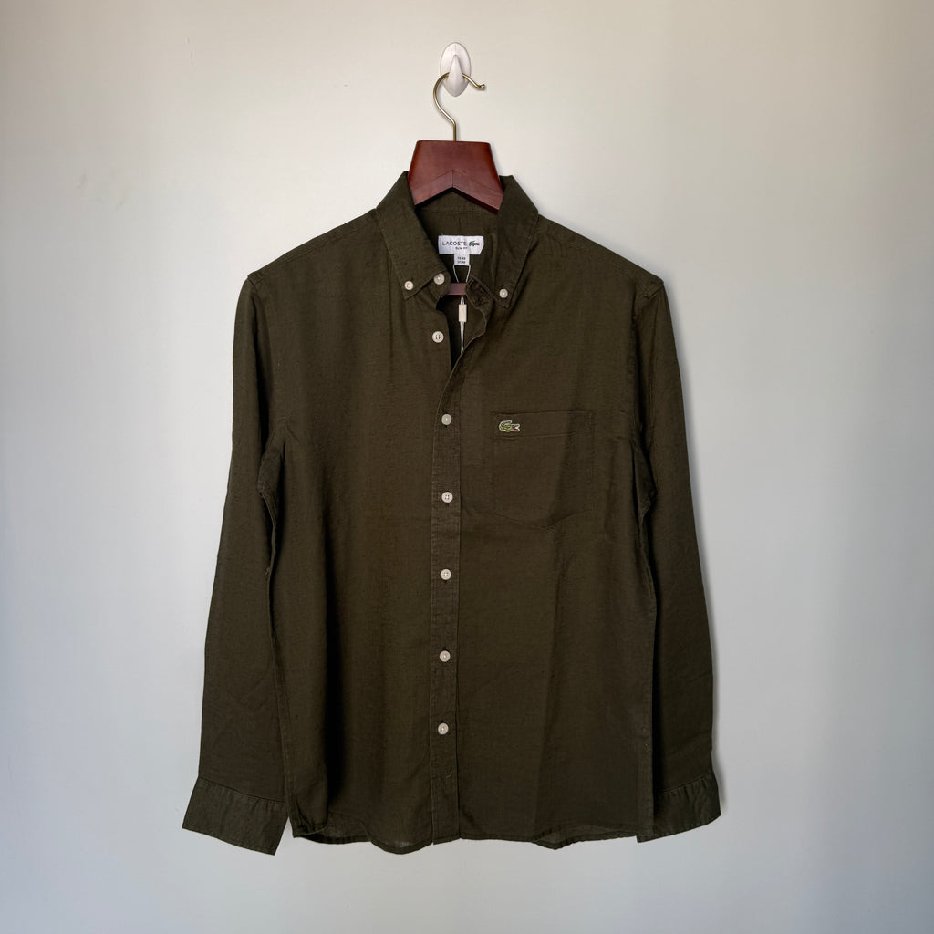 Lacoste 100% linen Olive Green solid shirt