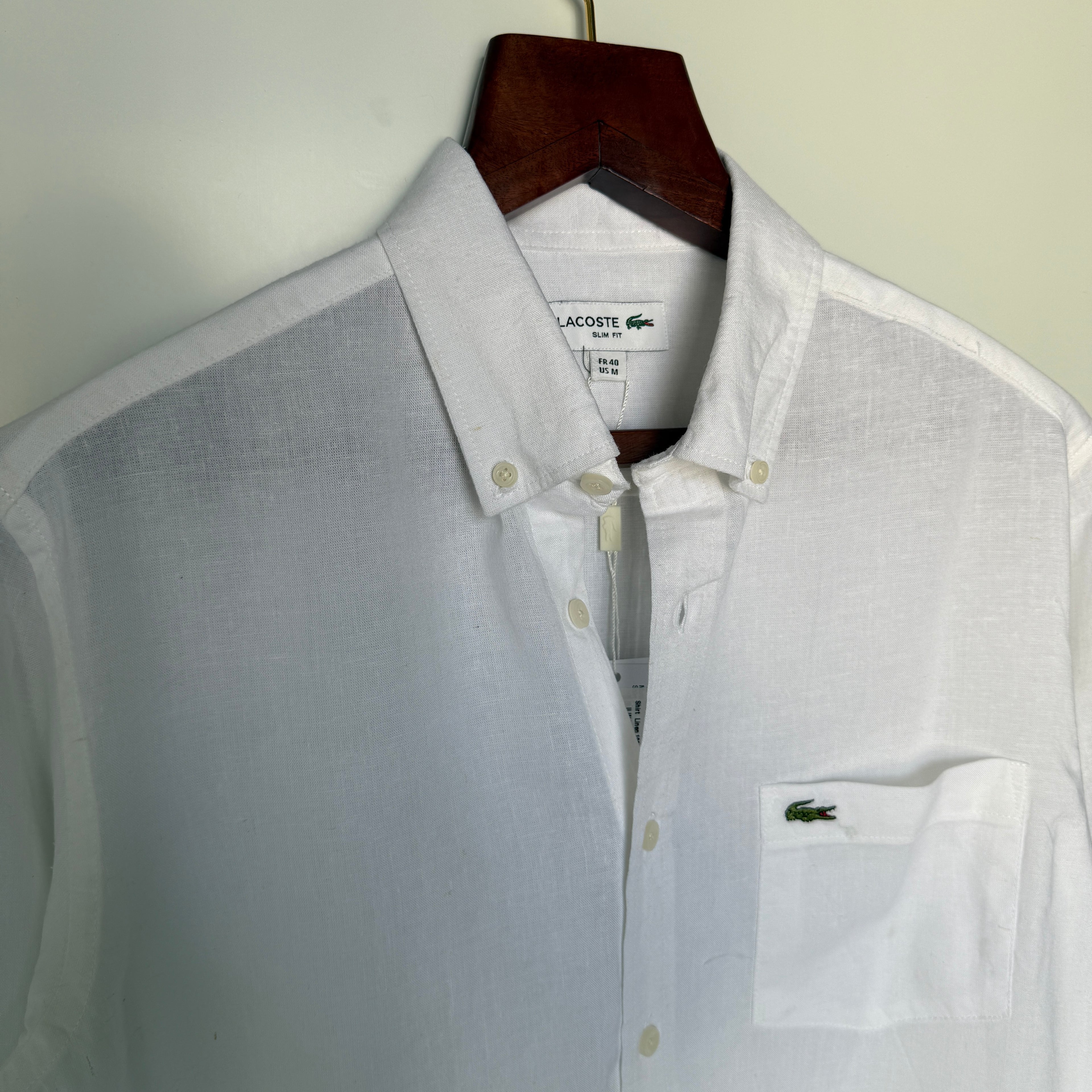 Lacoste 100% white linen solid shirt