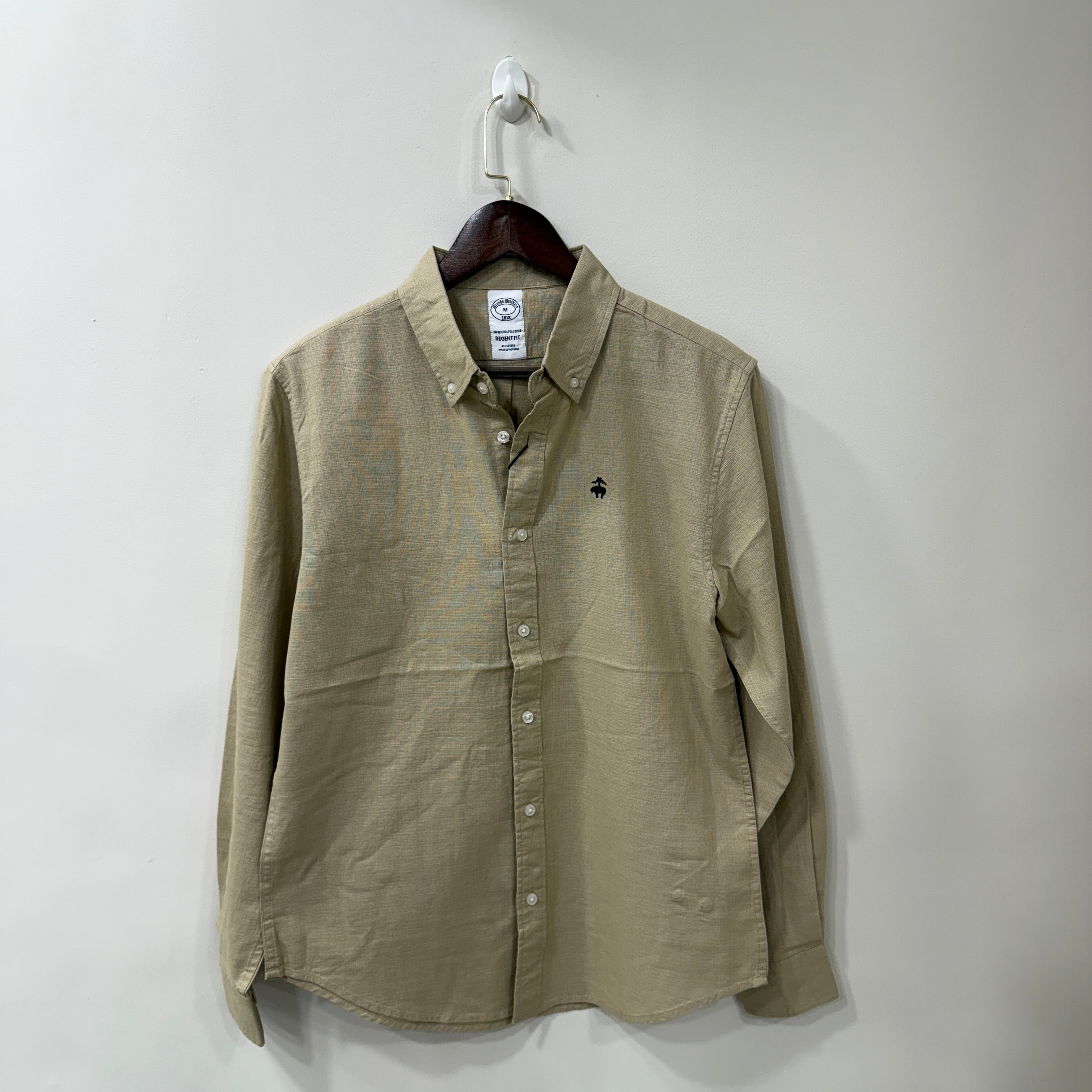 Brooks Brothers khakhi button down solid shirt with logo