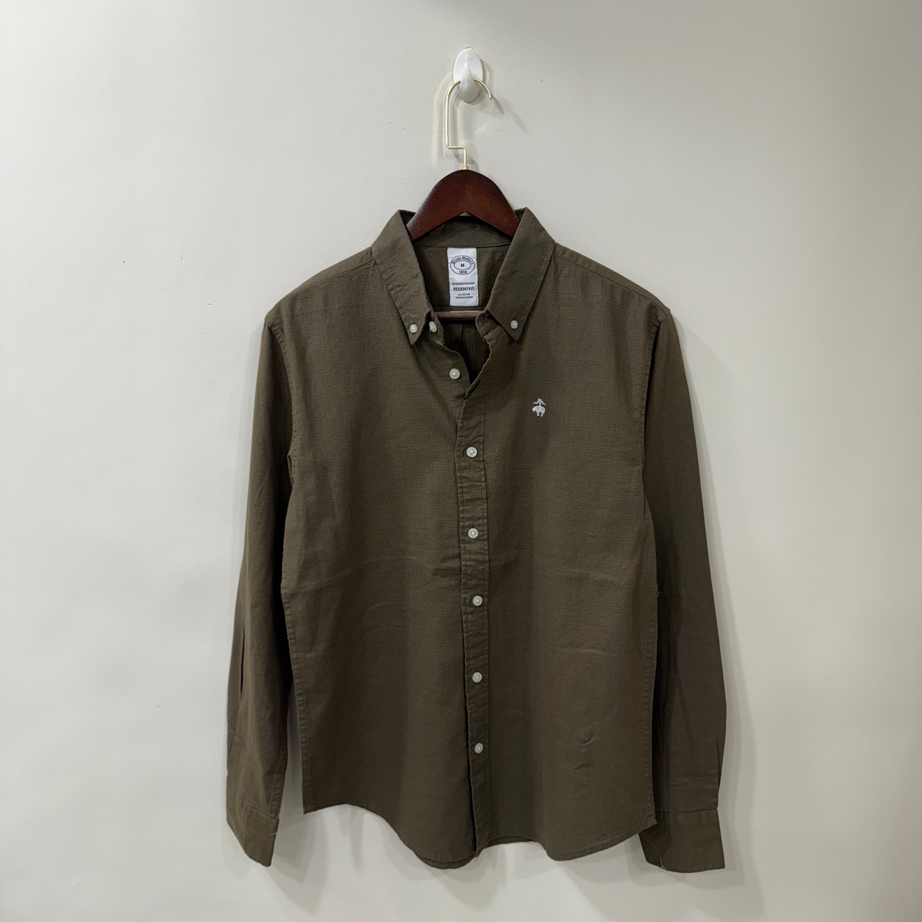 Brooks Brothers dark olive green button down solid shirt with logo