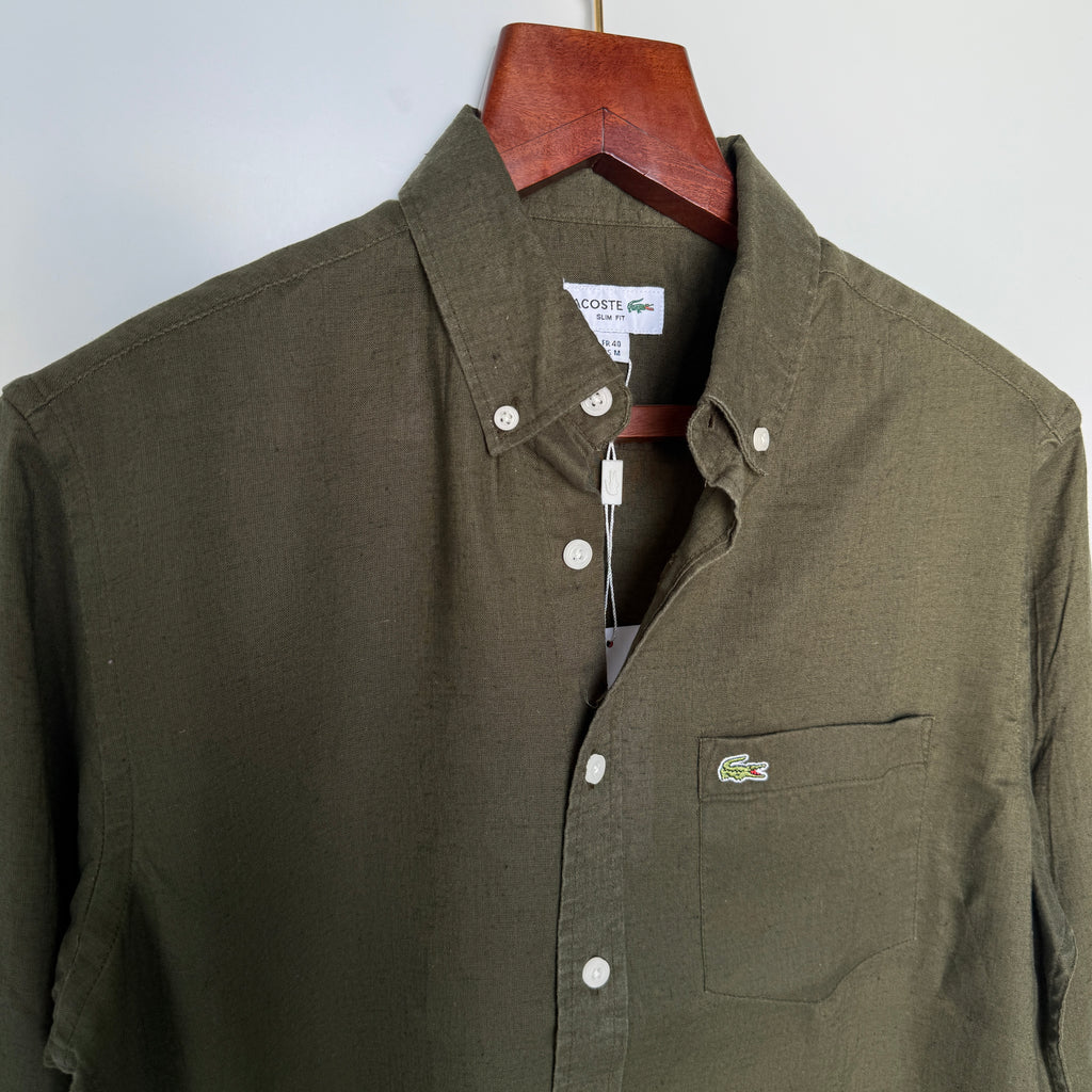 Lacoste 100% linen Olive Green solid shirt