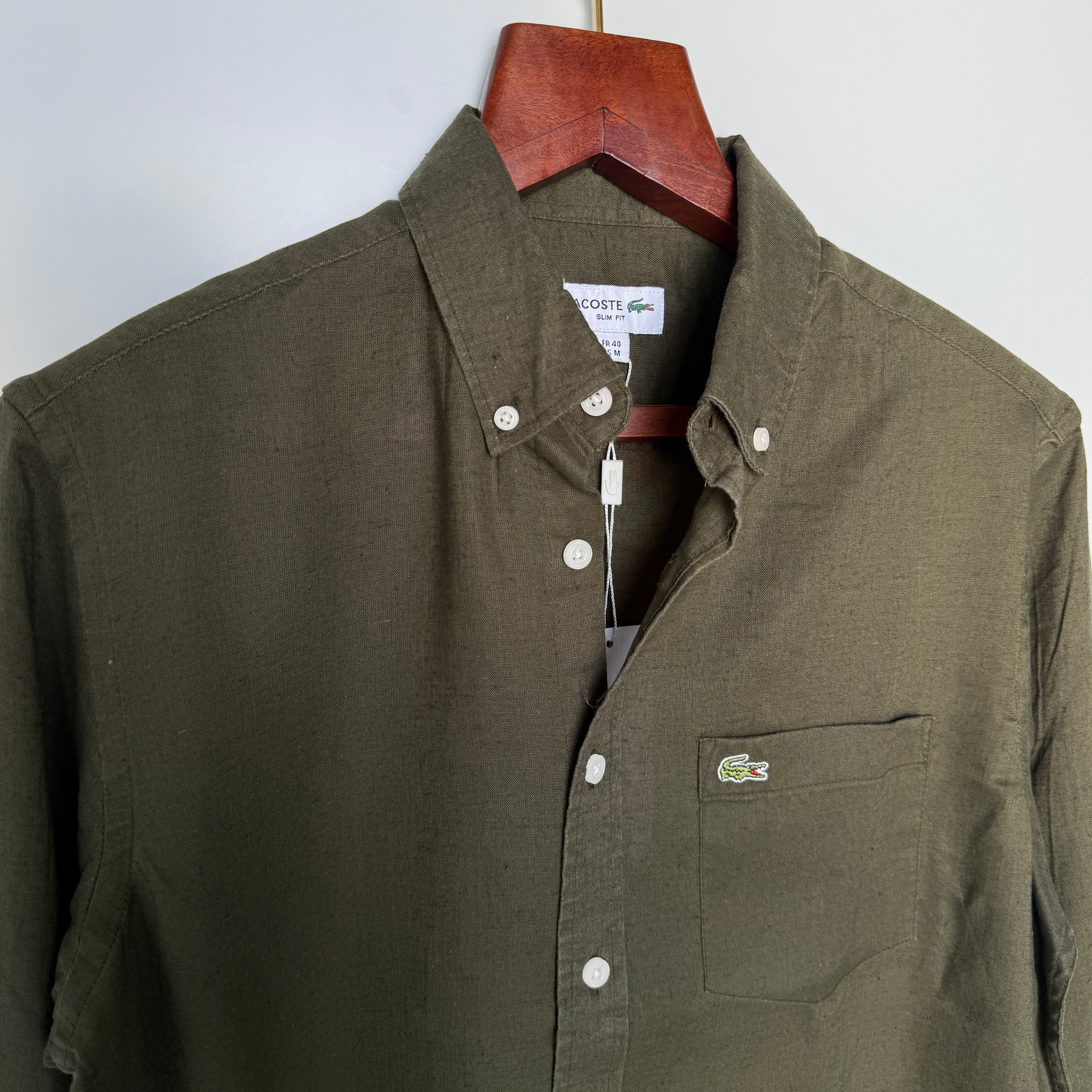 Lacoste 100% linen Olive Green solid shirt
