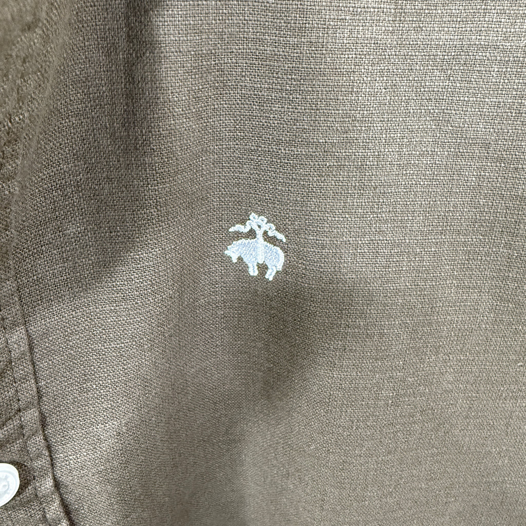 Brooks Brothers dark olive green button down solid shirt with logo