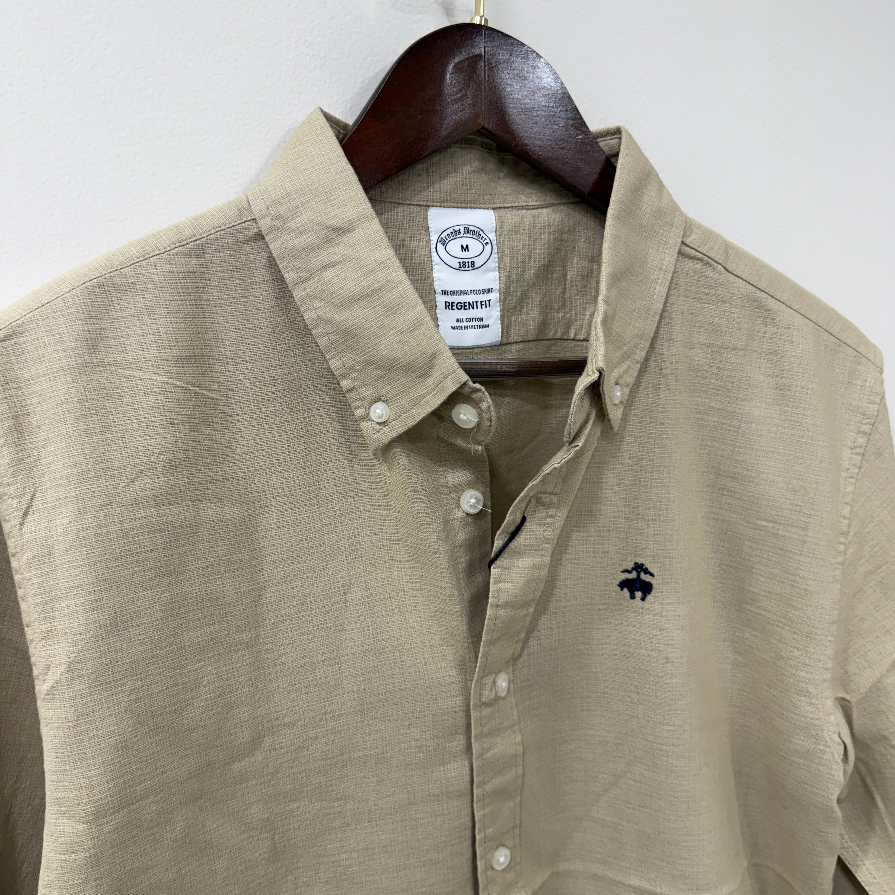 Brooks Brothers khakhi button down solid shirt with logo
