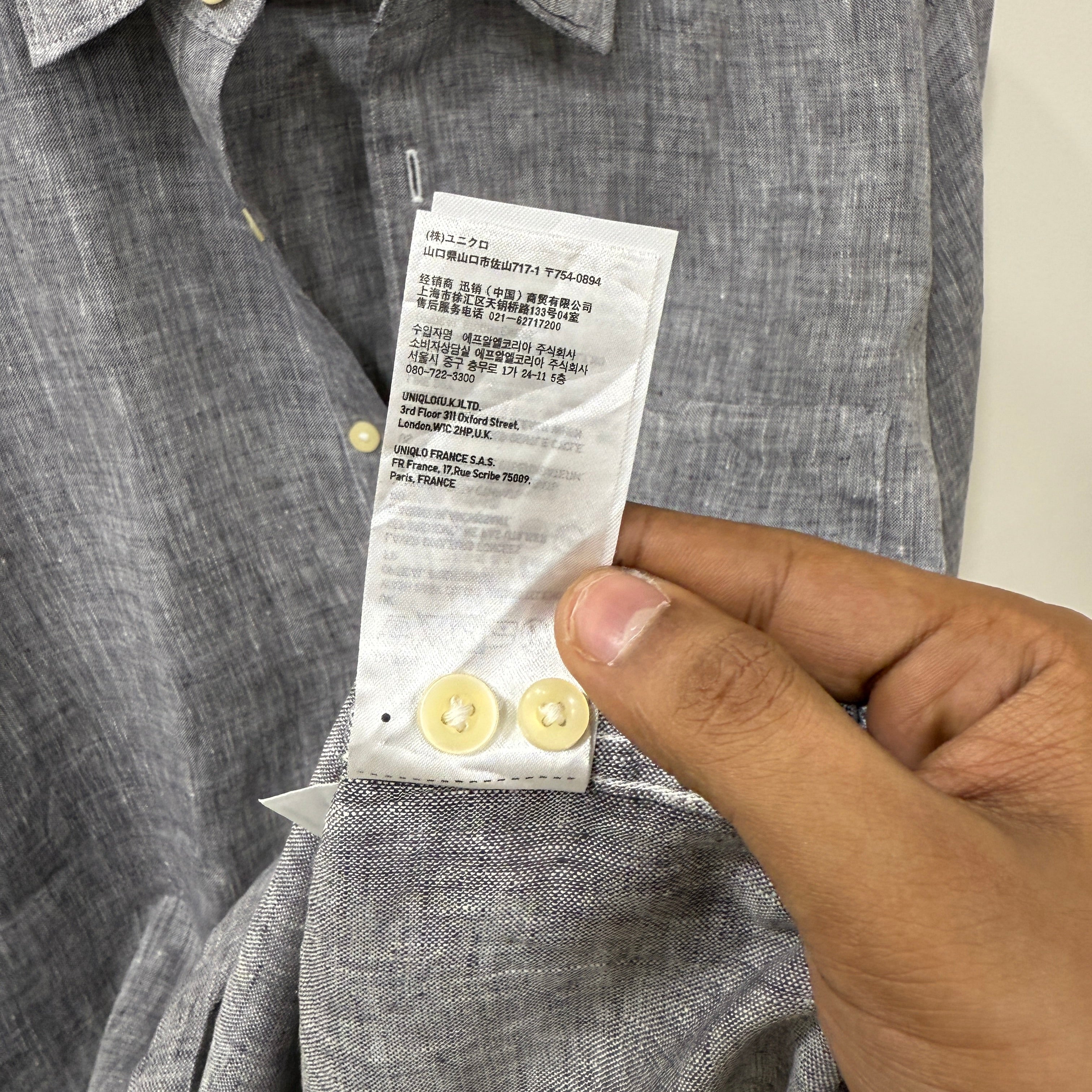 Uniqlo 100% French linen grey solid shirt