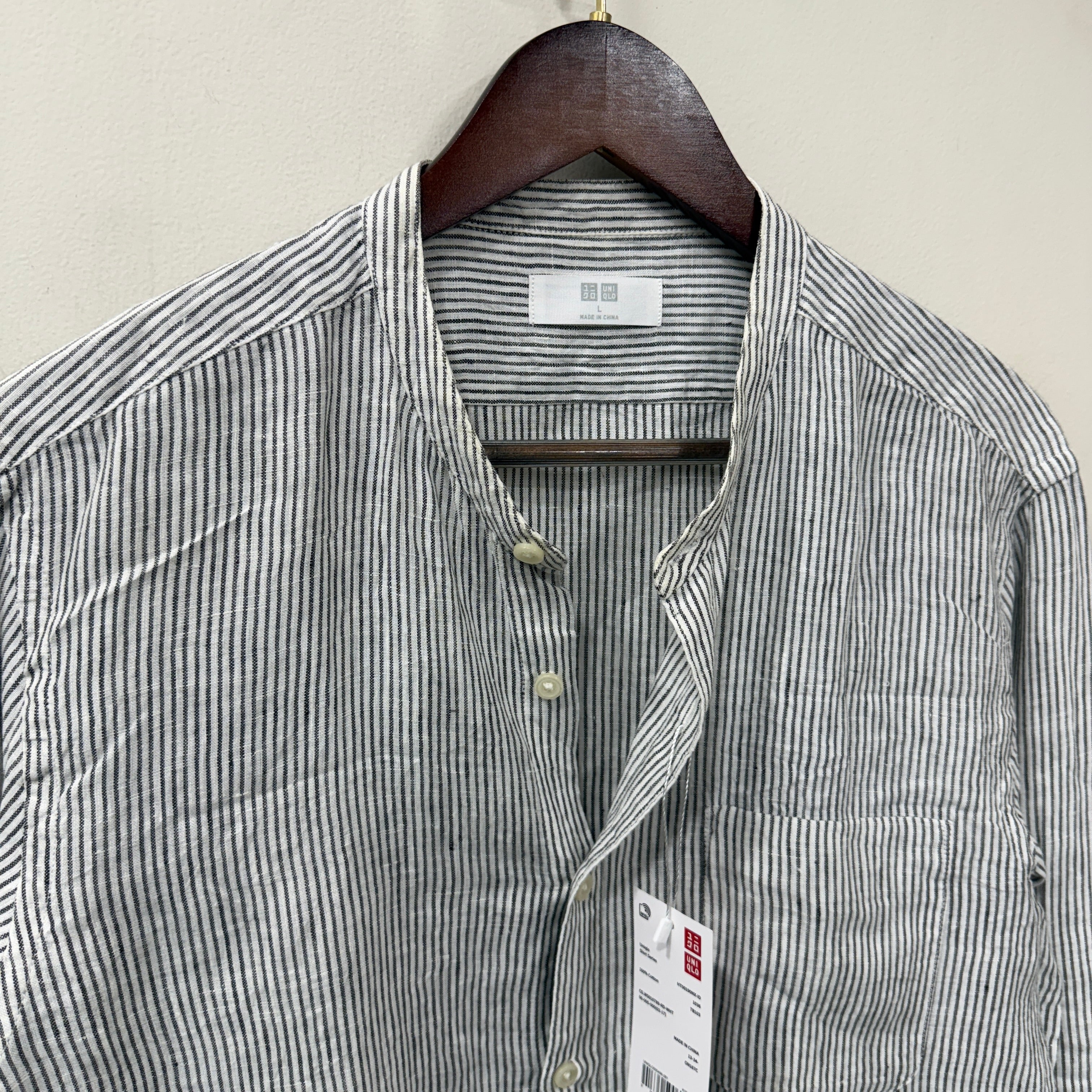 Uniqlo linen mandarin collar stripes shirt