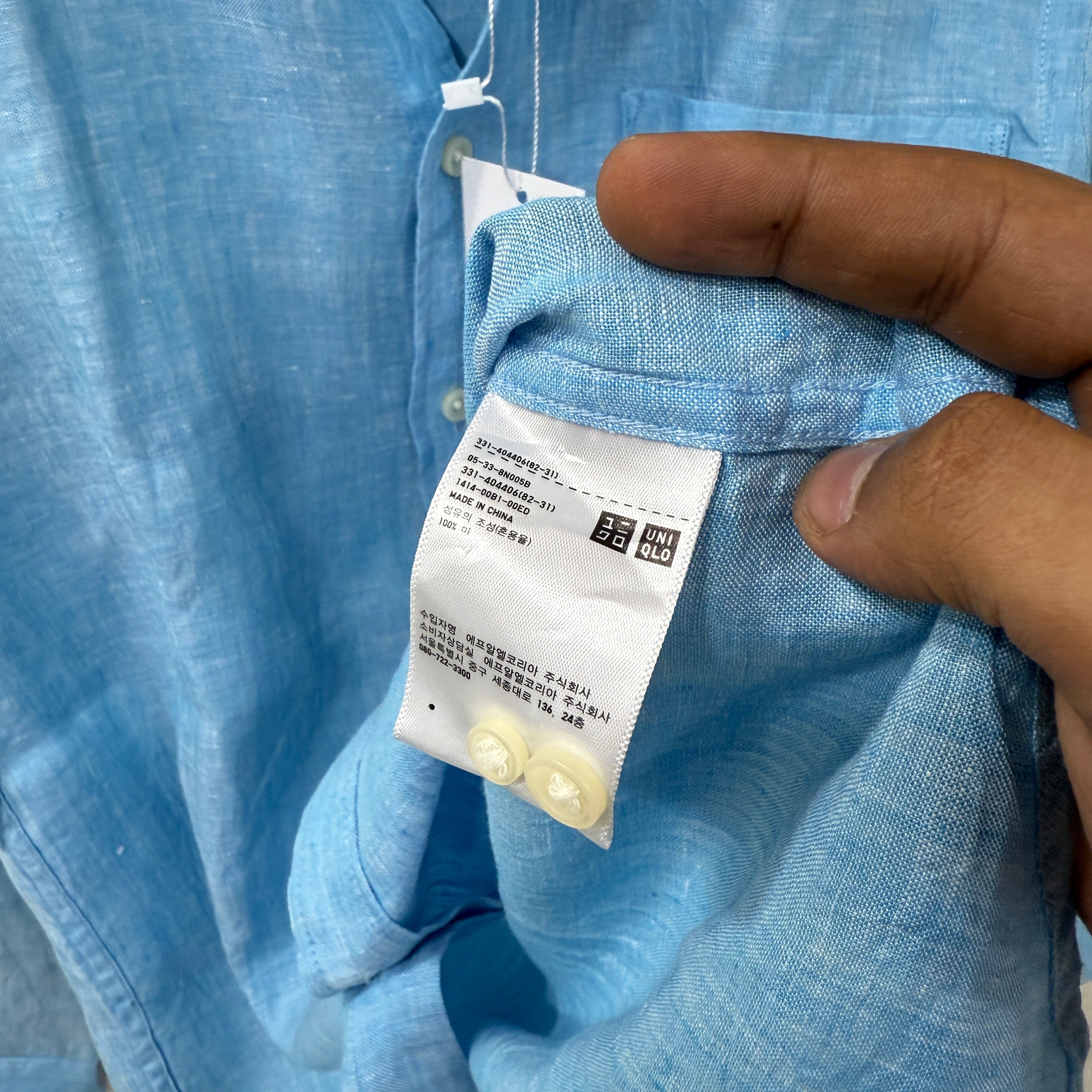 Uniqlo 100% linen blue solid shirt