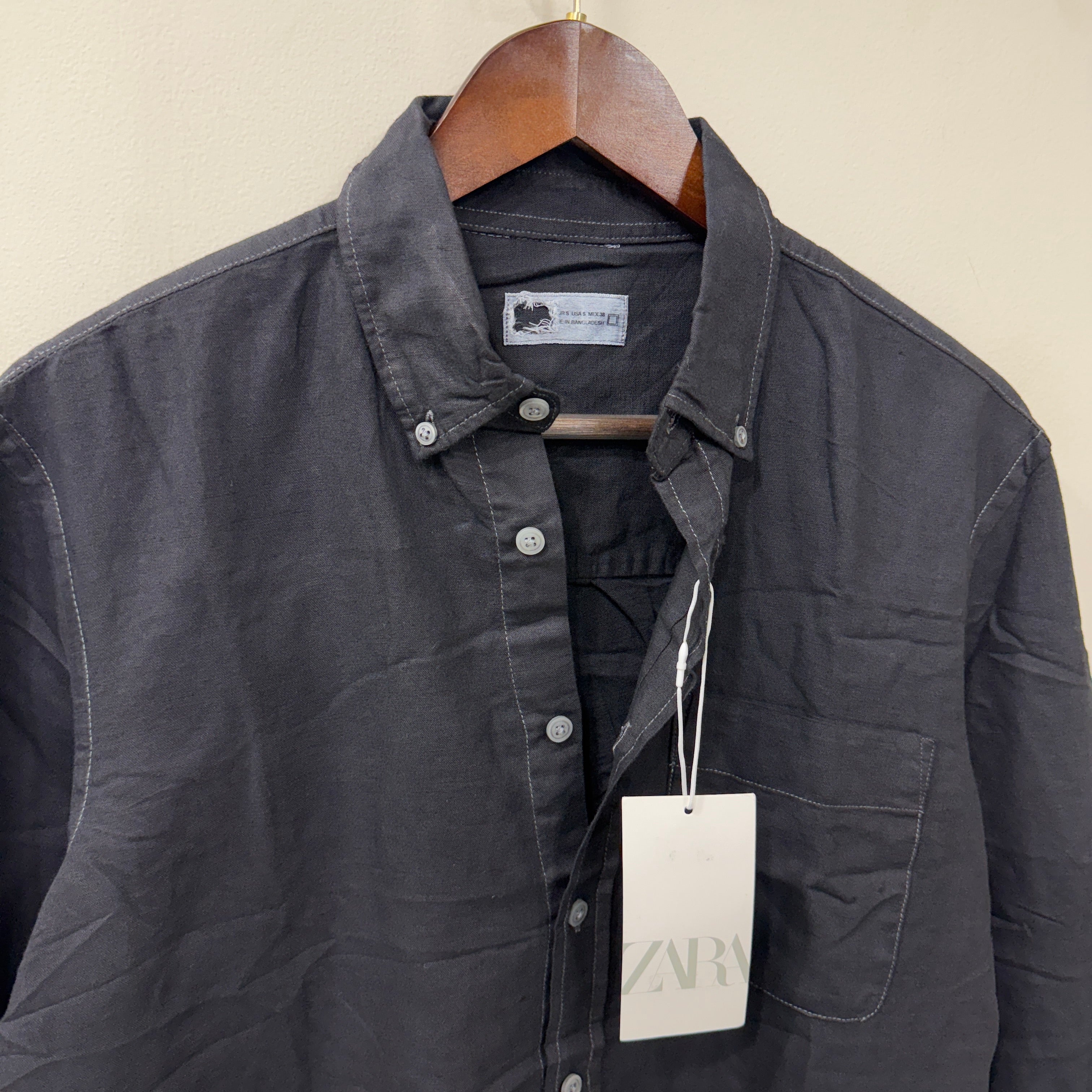 Zara sky black solid linen shirt
