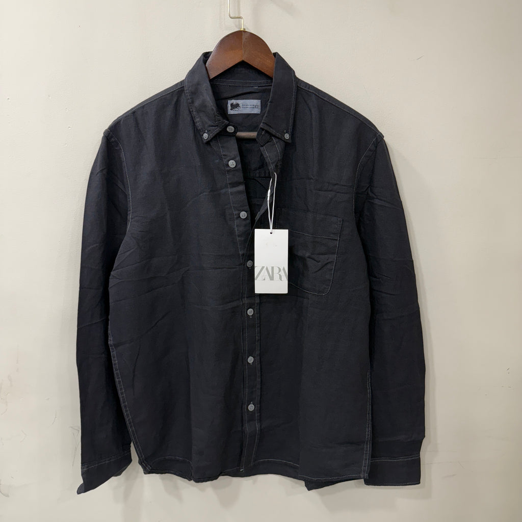 Zara sky black solid linen shirt