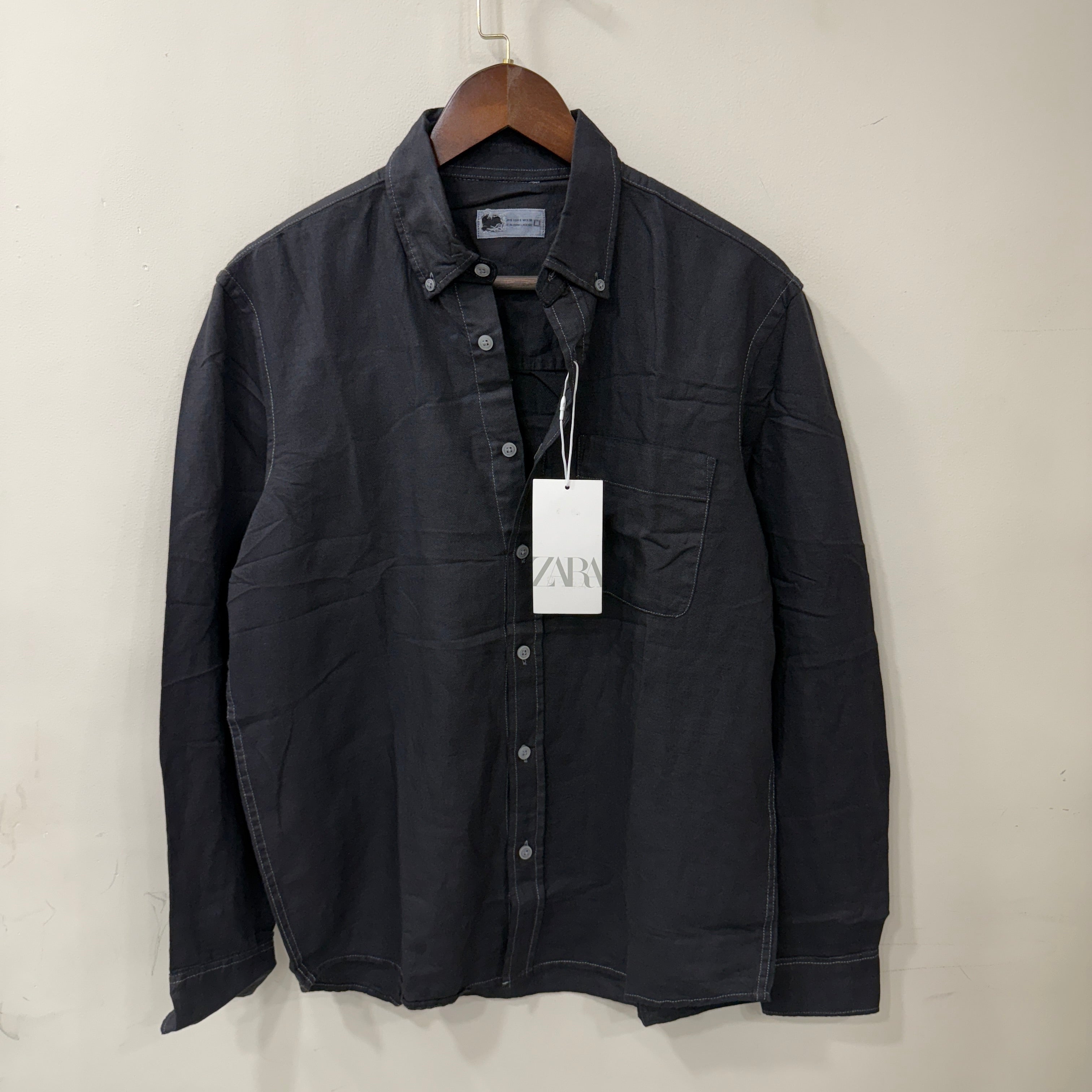 Zara sky black solid linen shirt