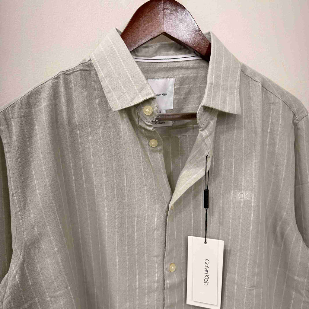 Calvin Klein khakhi linen stripes shirt