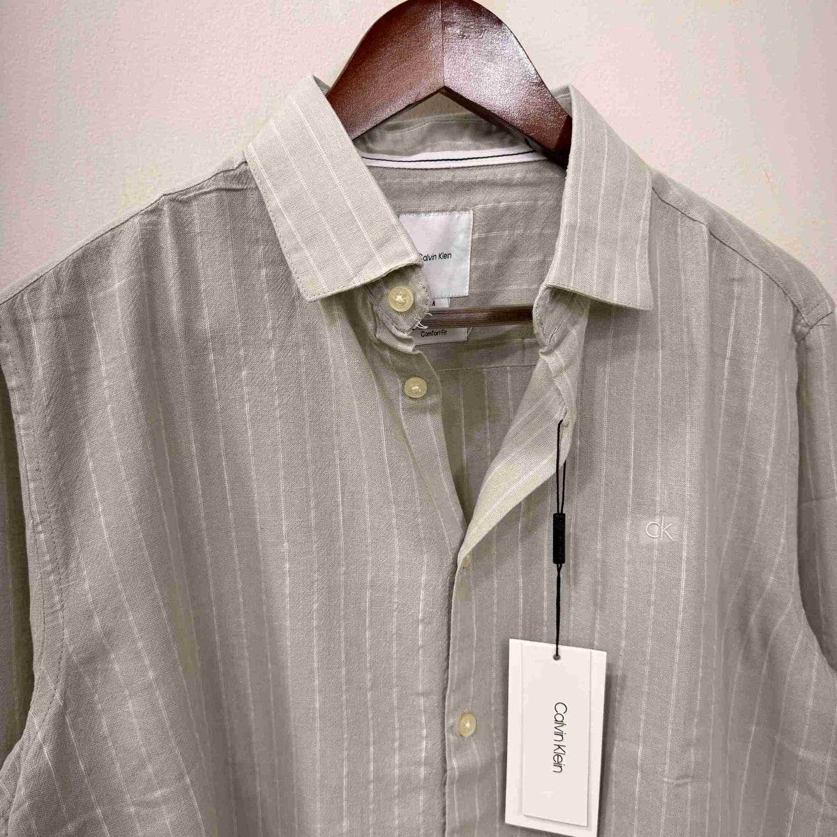 Calvin Klein khakhi linen stripes shirt