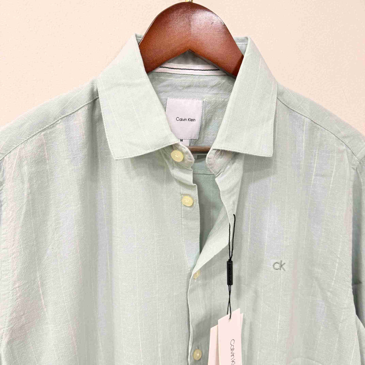 Calvin Klein sage green linen stripes shirt