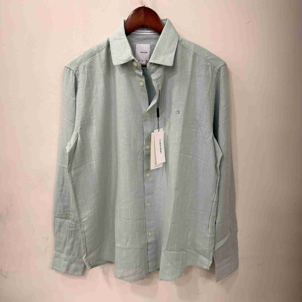 Calvin Klein sage green linen stripes shirt