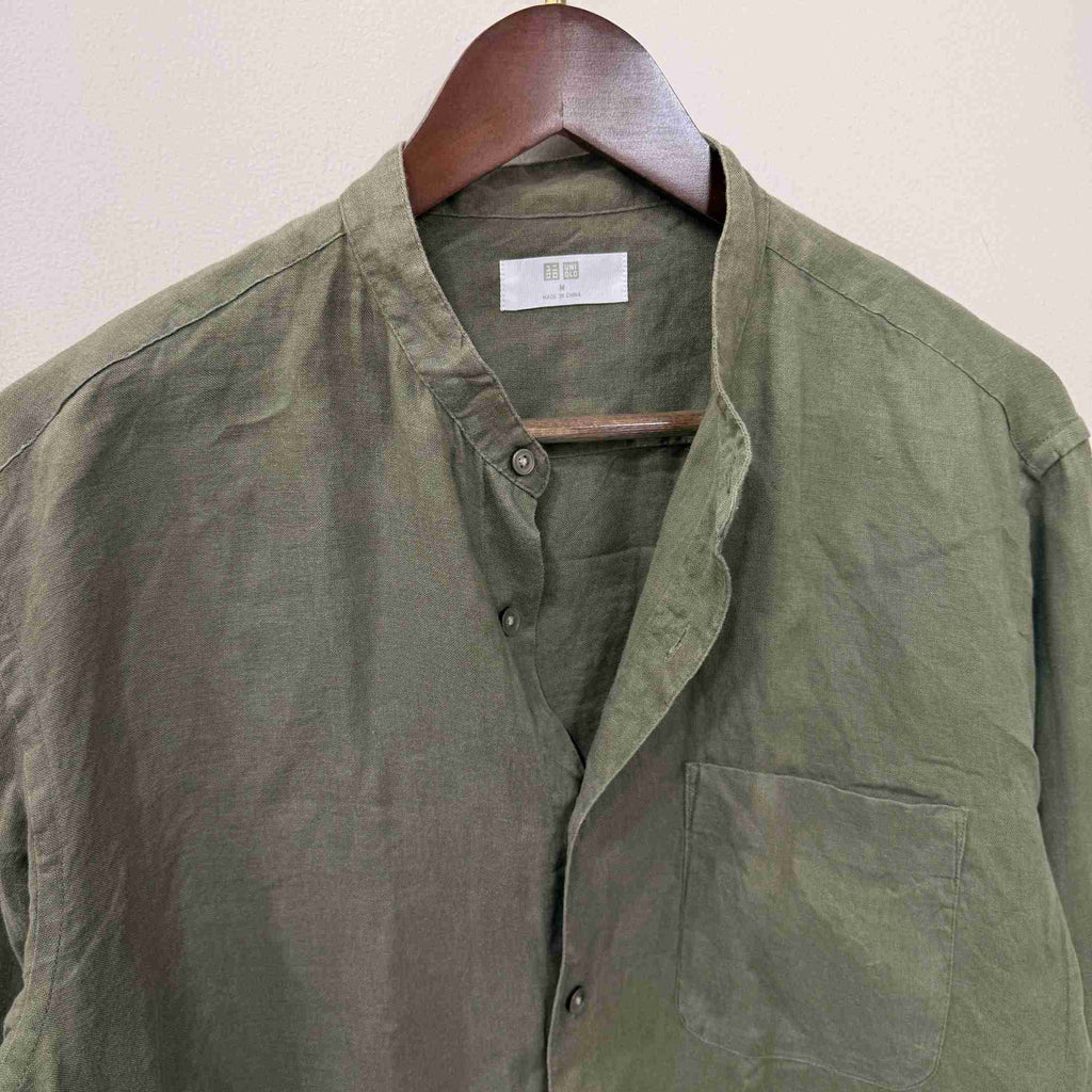 Uniqlo 100% chinese collar linen olive green shirt