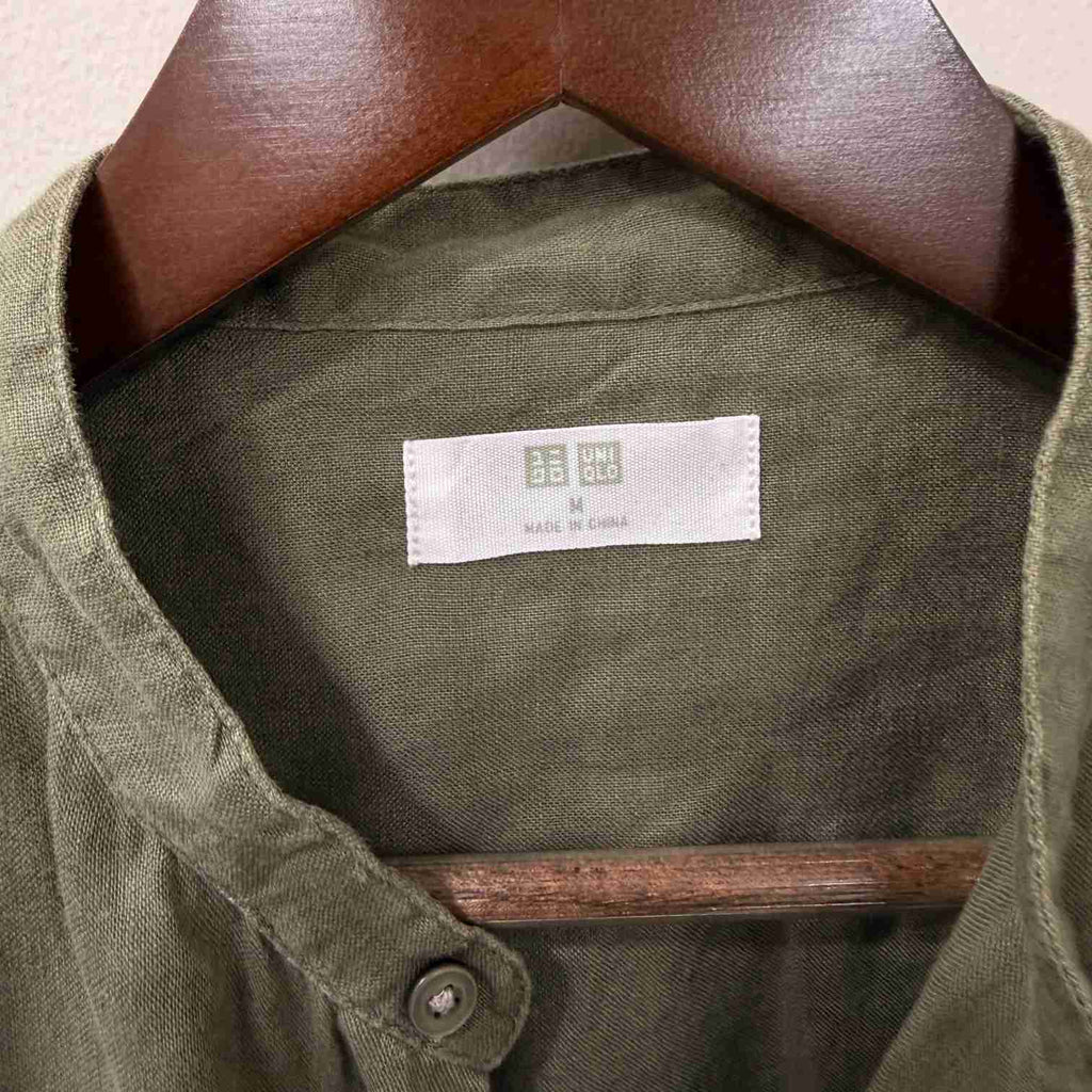 Uniqlo 100% chinese collar linen olive green shirt