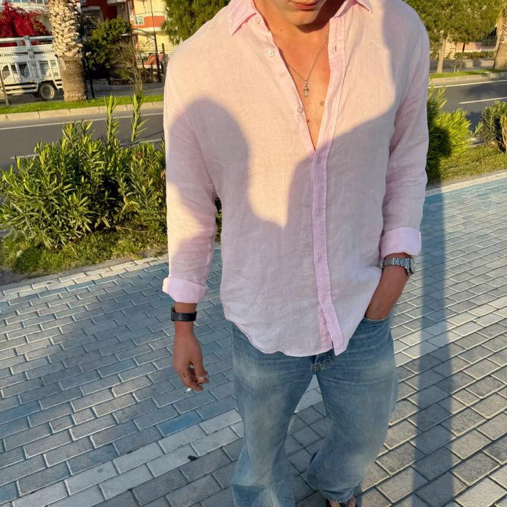 Uniqlo 100% linen pink shirt